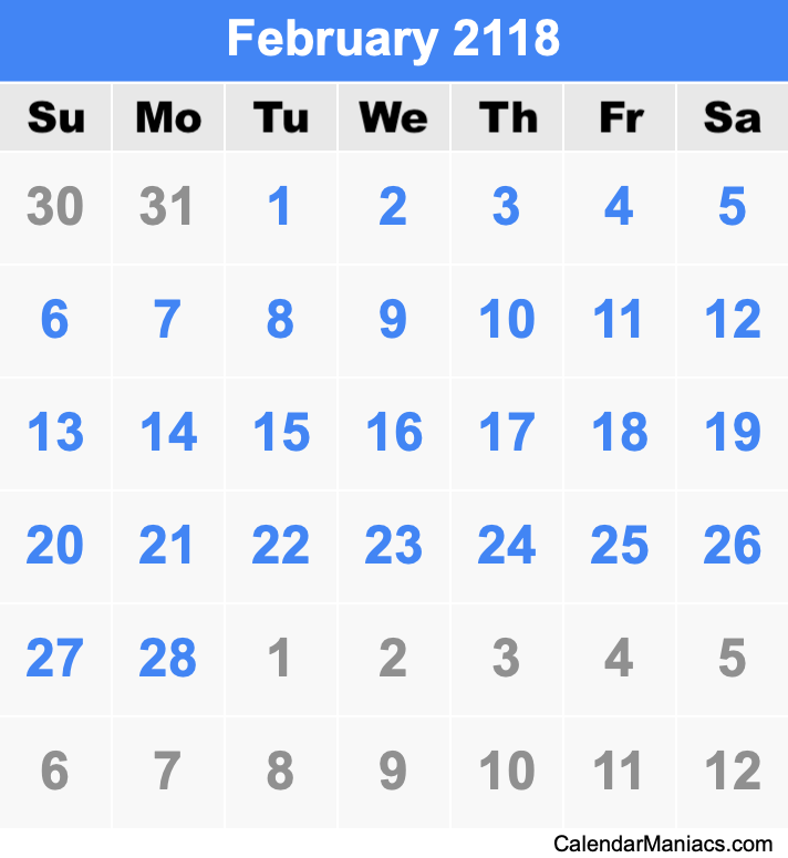 February 2118 Printable Calendar February 2118 Calendar