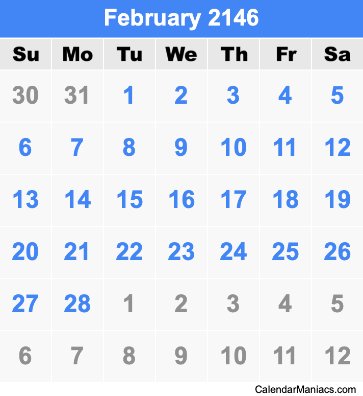 February 2146 Printable Calendar February 2146 Calendar