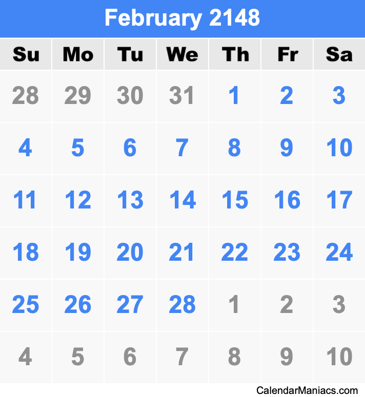 February 2148 Printable Calendar February 2148 Calendar