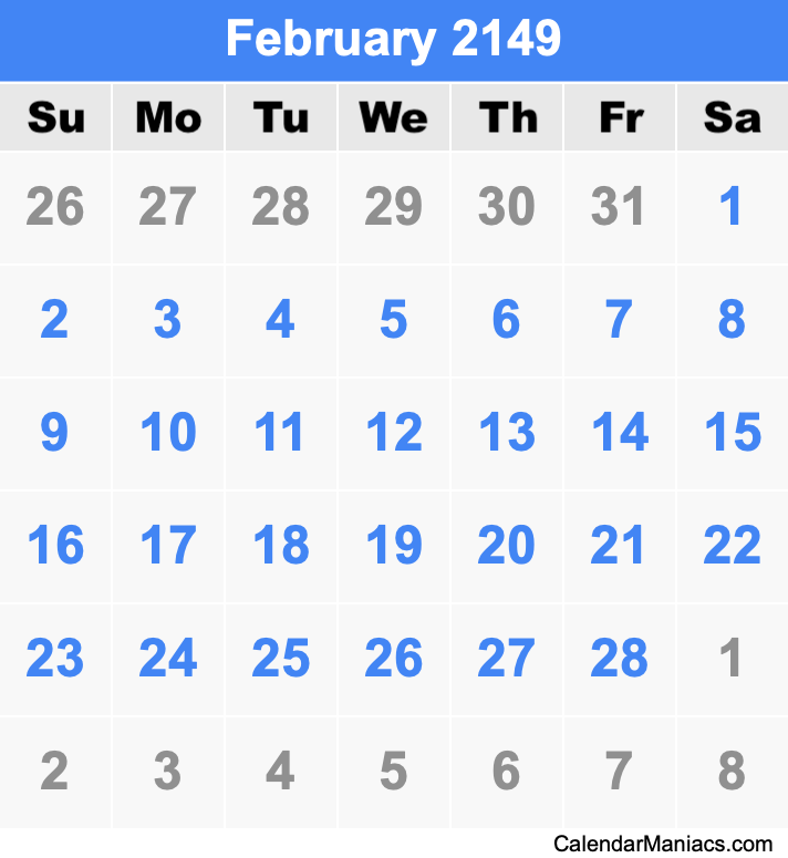February 2149 Printable Calendar February 2149 Calendar