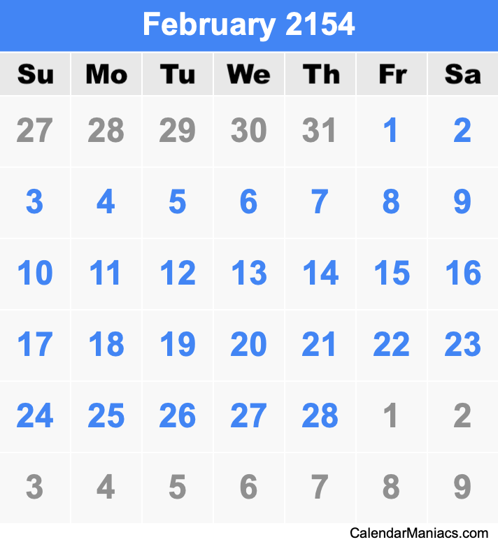 February 2154 Printable Calendar February 2154 Calendar