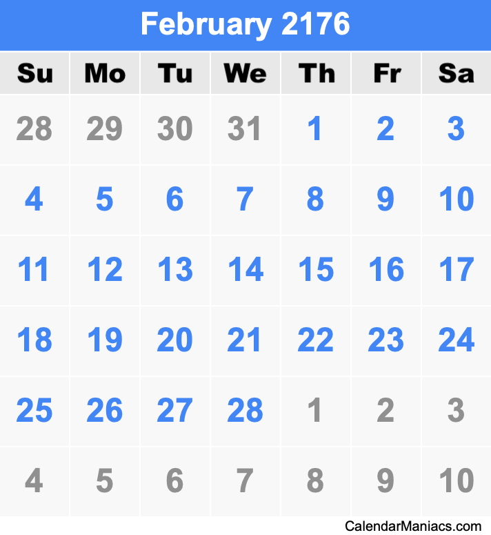 February 2176 Calendar