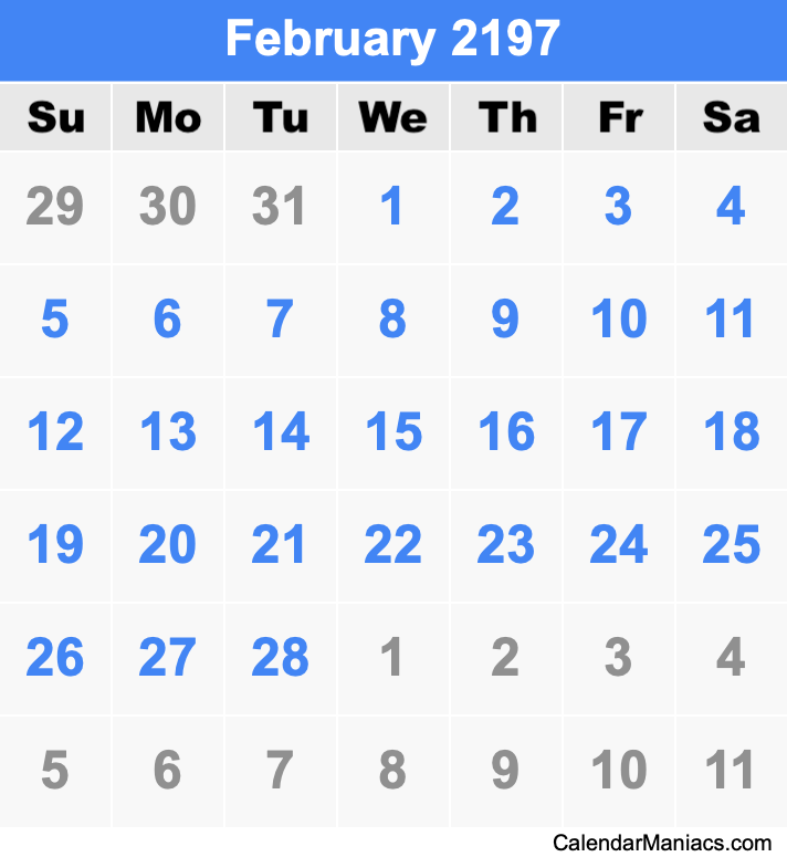 February 2197 Printable Calendar February 2197 Calendar