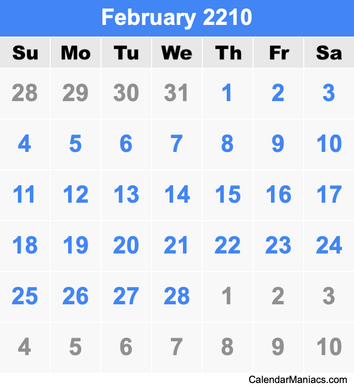 February 2210 Calendar