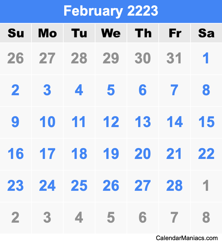 February 2223 Printable Calendar February 2223 Calendar