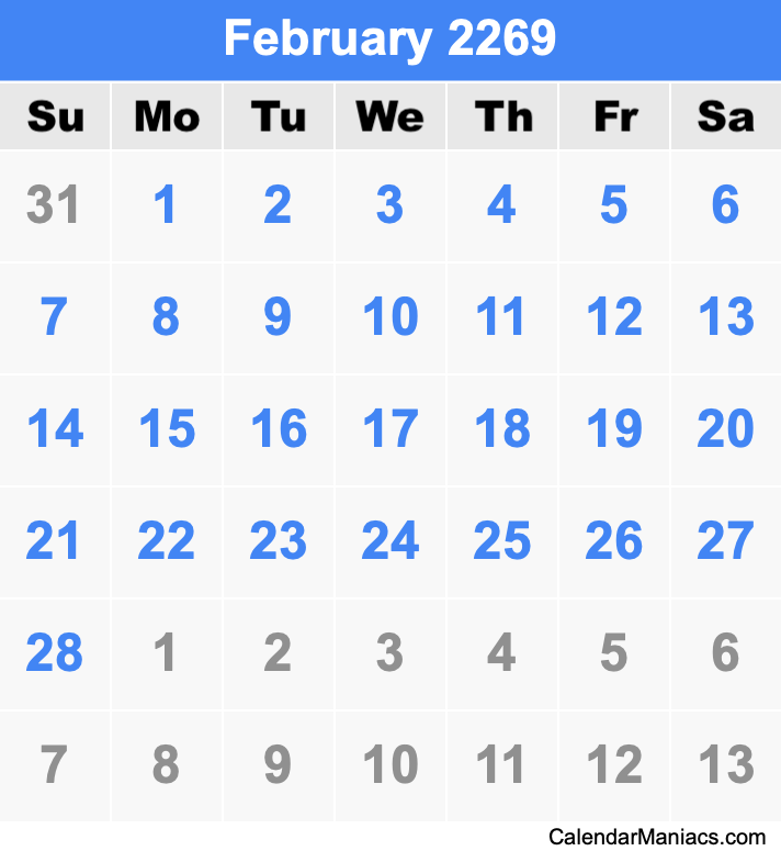 February 2269 Printable Calendar February 2269 Calendar