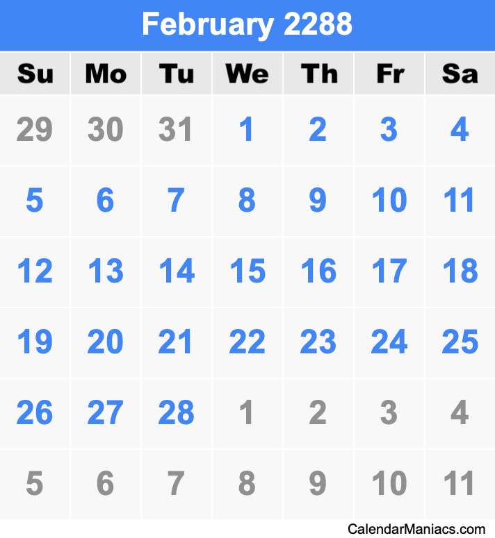 February 2288 Printable Calendar February 2288 Calendar