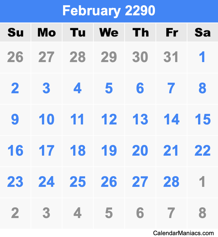February 2290 Printable Calendar February 2290 Calendar