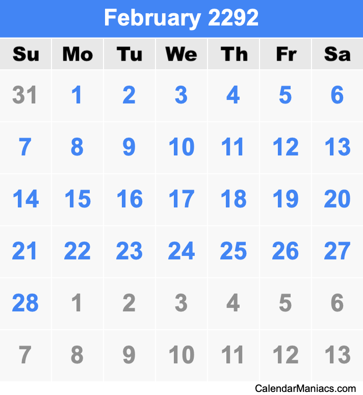 February 2292 Calendar