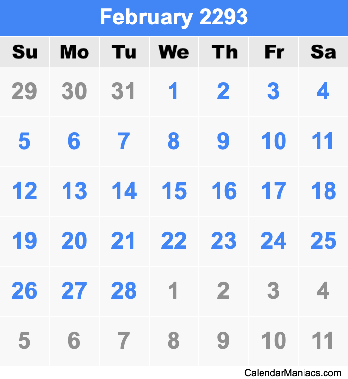 February 2293 Printable Calendar February 2293 Calendar