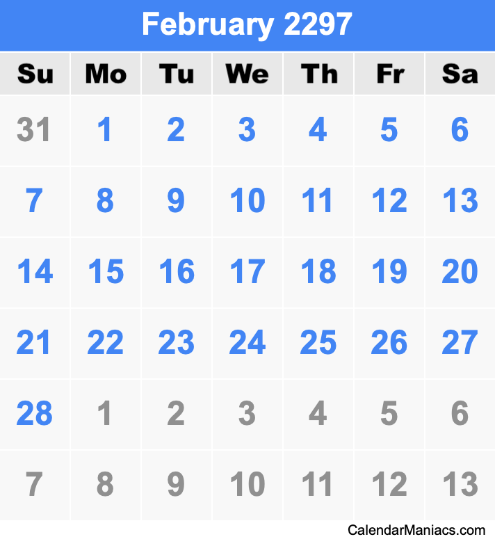 February 2297 Printable Calendar February 2297 Calendar