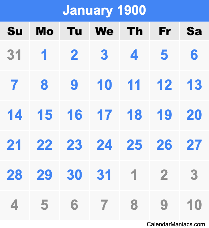 January 1900 Printable Calendar January 1900 Calendar