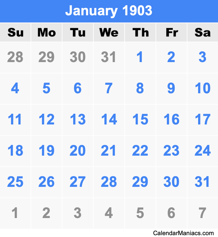 January 1903 Printable Calendar January 1903 Calendar