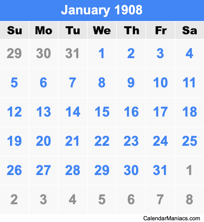 January 1908 Printable Calendar January 1908 Calendar