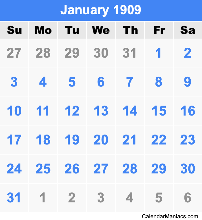 January 1909 Printable Calendar January 1909 Calendar