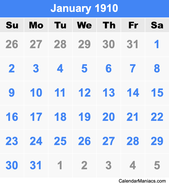 January 1910 Printable Calendar January 1910 Calendar