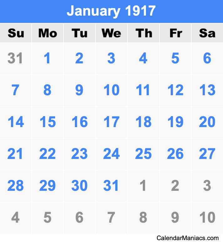 January 1917 Printable Calendar January 1917 Calendar