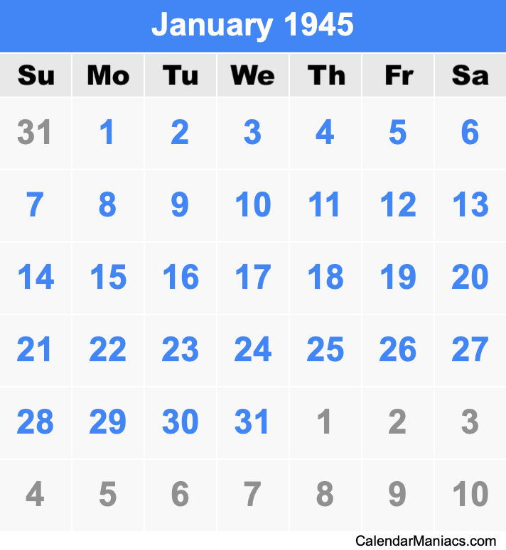 January 1945 Printable Calendar January 1945 Calendar
