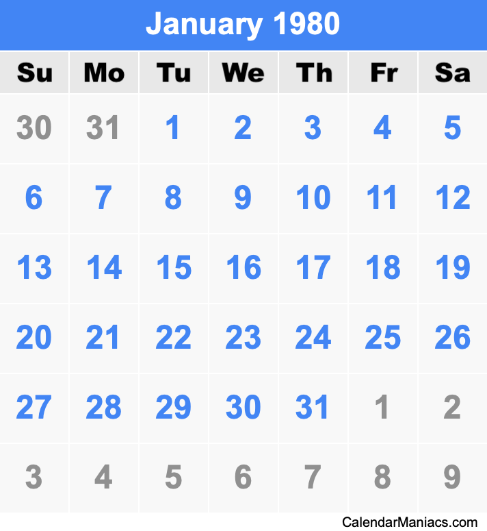 January 1980 Calendar January 1980 Calendar
