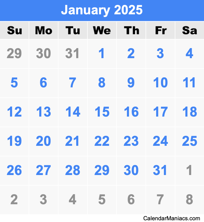 Table Calendar January 2025 