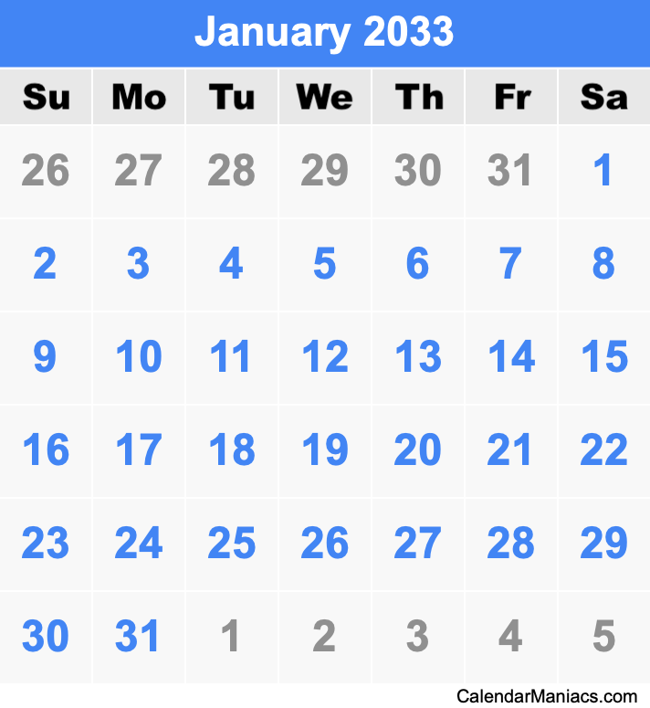 January 2033 Calendar