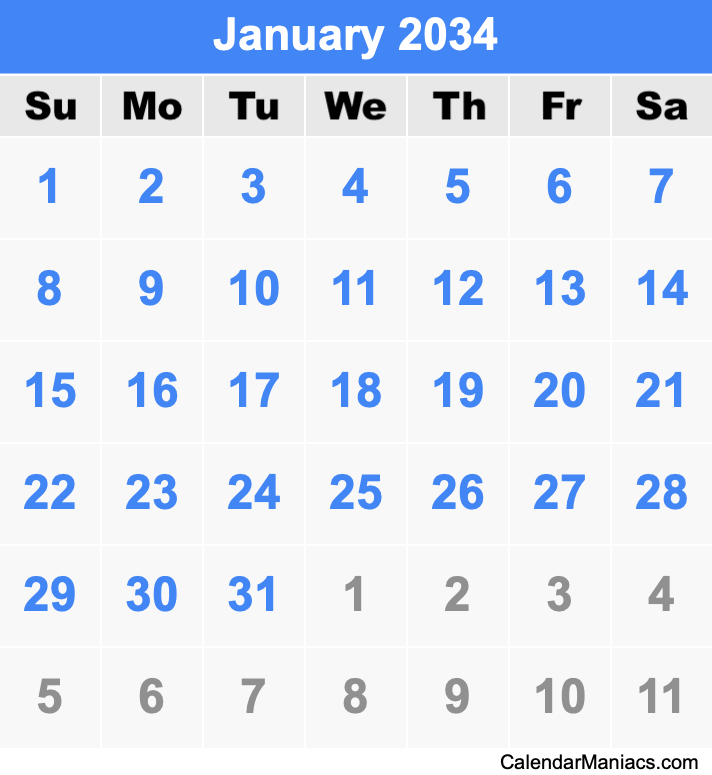 January 2034 Calendar