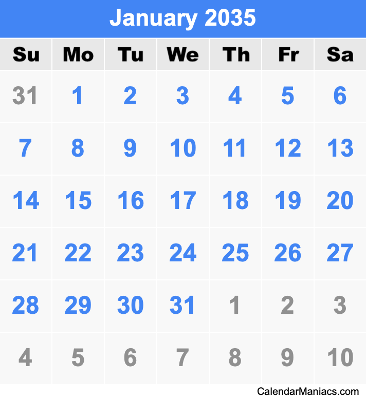 January 2035 Calendar