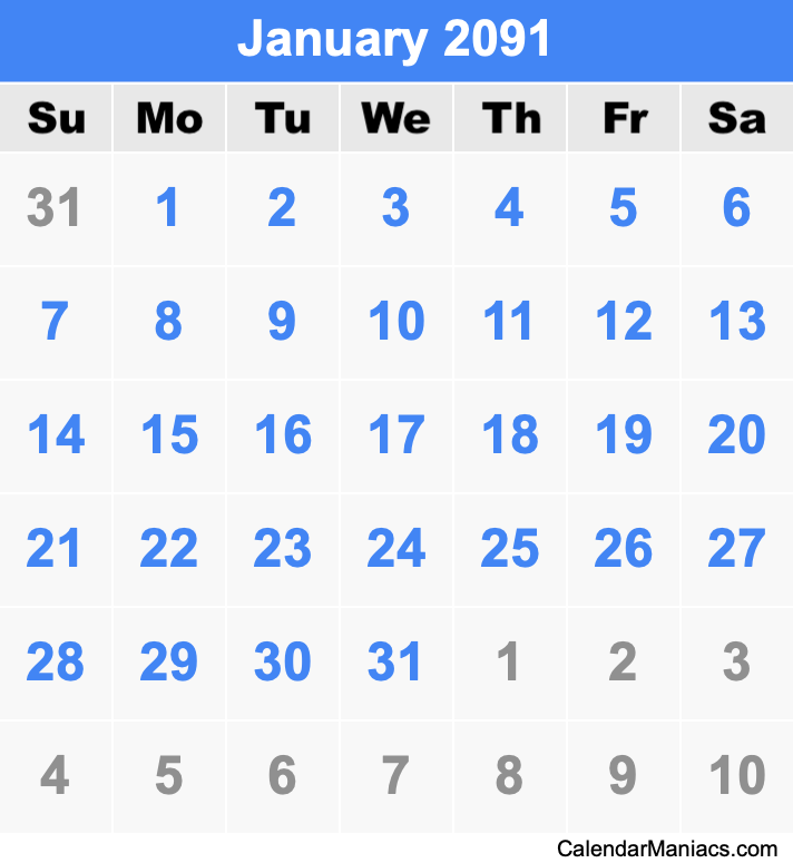 January 2091 Printable Calendar January 2091 Calendar