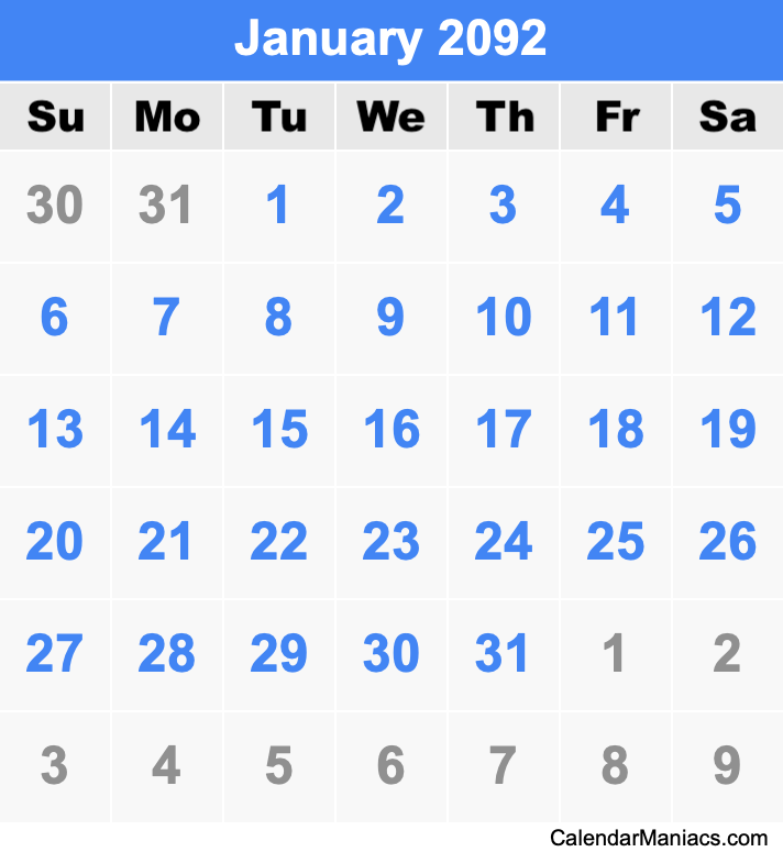 January 2092 Printable Calendar January 2092 Calendar