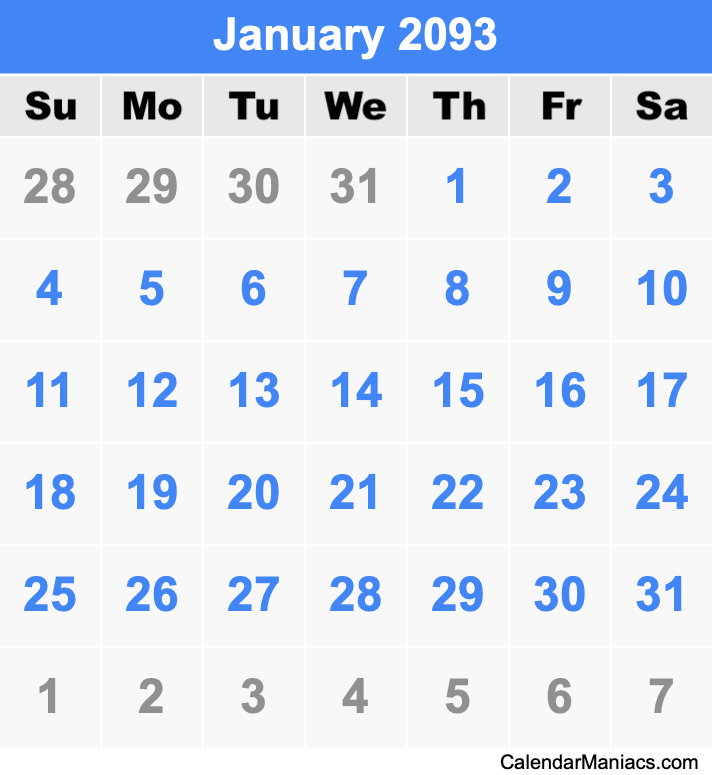 January 2093 Calendar
