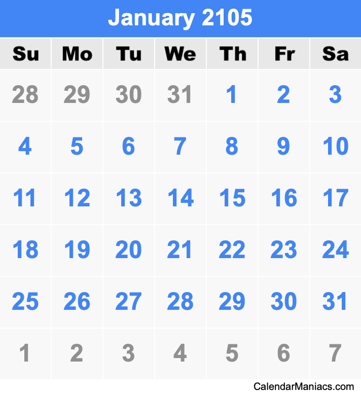 January 2105 Printable Calendar January 2105 Calendar