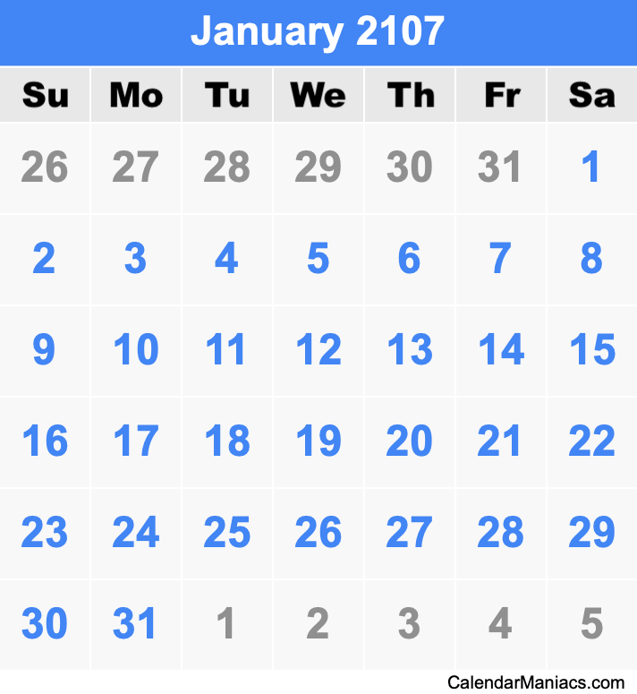 January 2107 Printable Calendar January 2107 Calendar