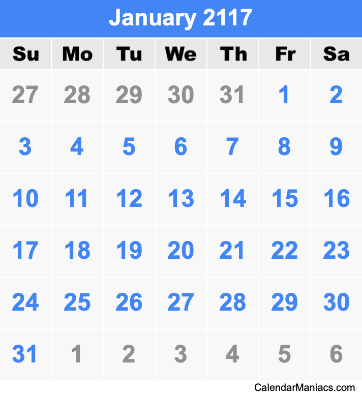 January 2117 Calendar