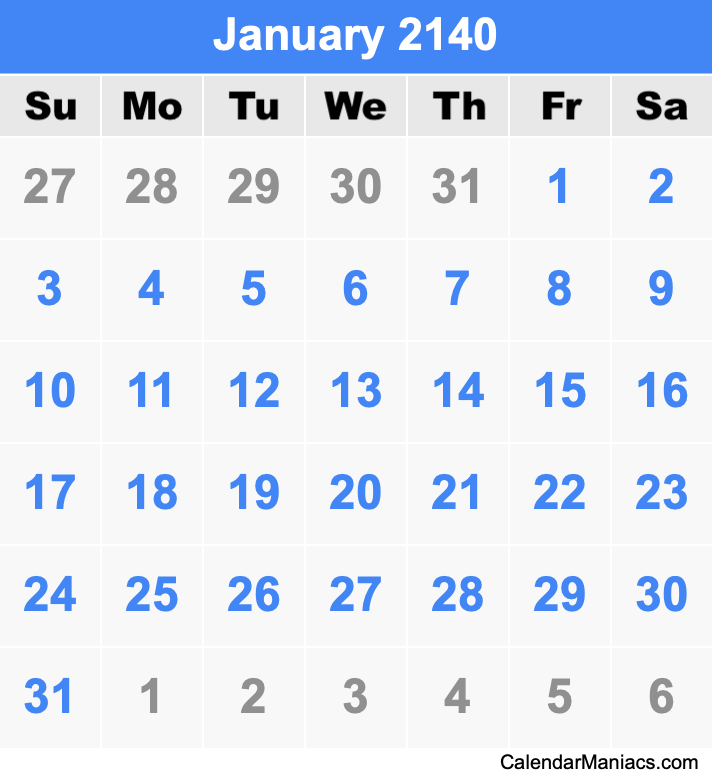 January 2140 Calendar