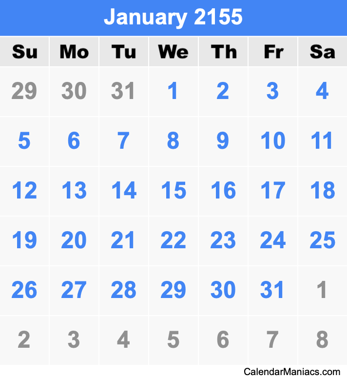 January 2155 Printable Calendar January 2155 Calendar