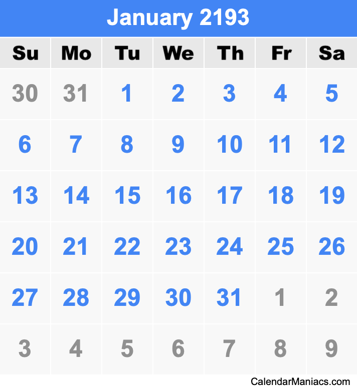 January 2193 Printable Calendar January 2193 Calendar