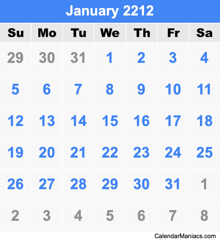 January 2212 Calendar