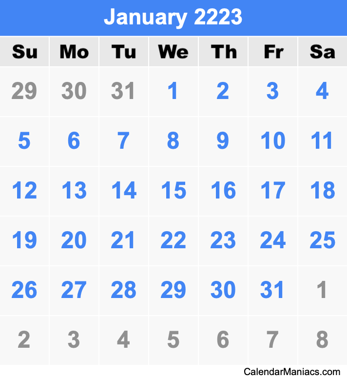 January 2223 Printable Calendar January 2223 Calendar