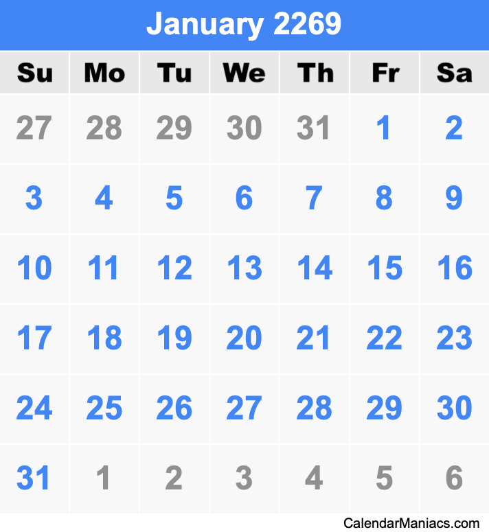 January 2269 Printable Calendar January 2269 Calendar