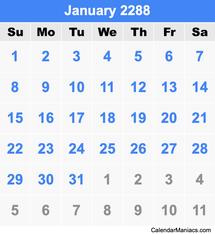 January 2288 Printable Calendar January 2288 Calendar
