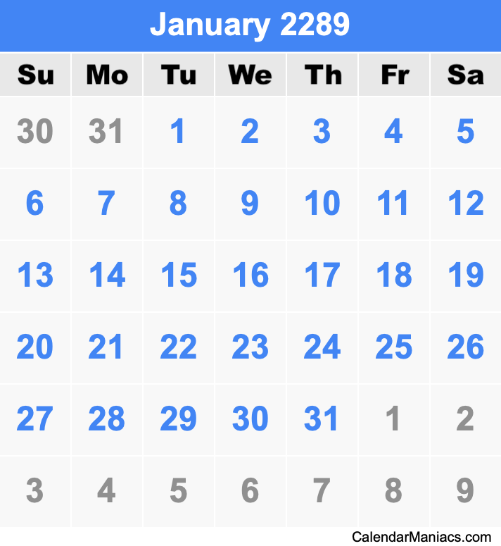January 2289 Printable Calendar January 2289 Calendar