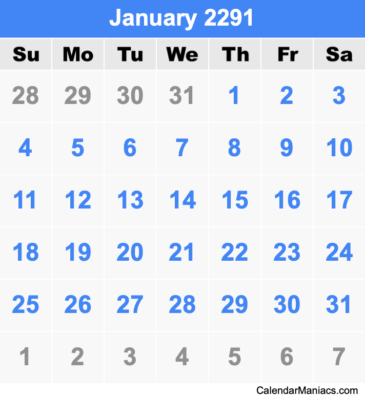 January 2291 Printable Calendar January 2291 Calendar