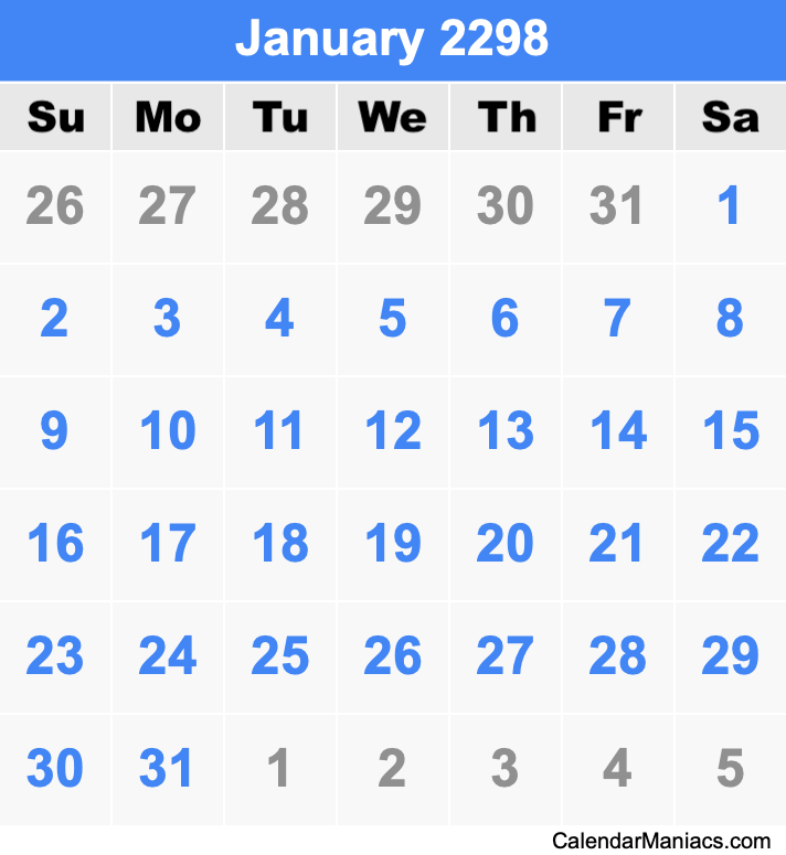 January 2298 Printable Calendar January 2298 Calendar