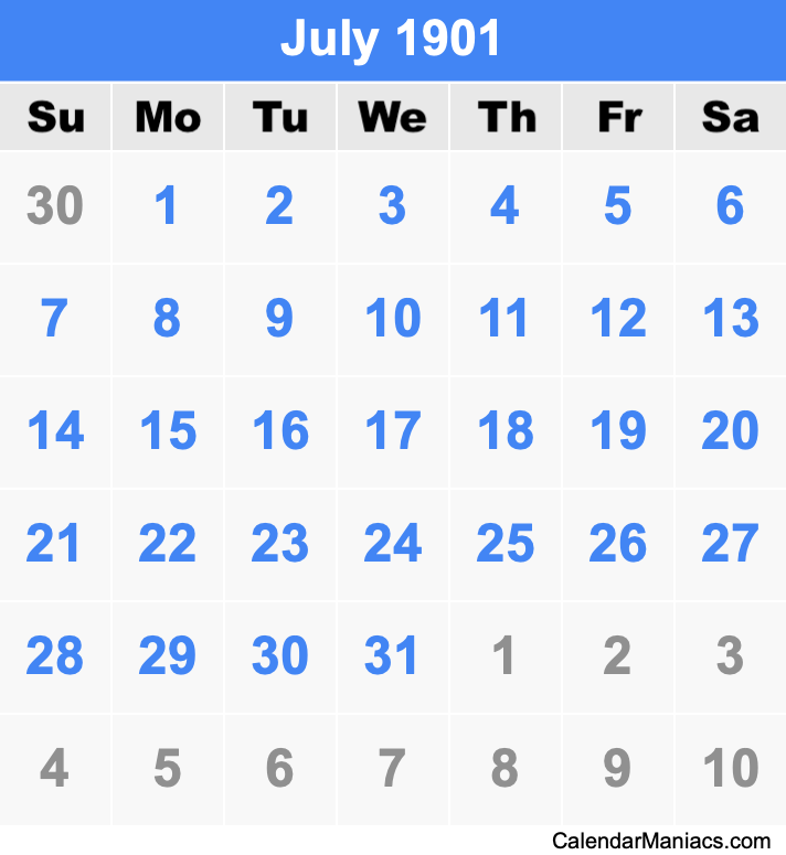 July 1901 Printable Calendar July 1901 Calendar