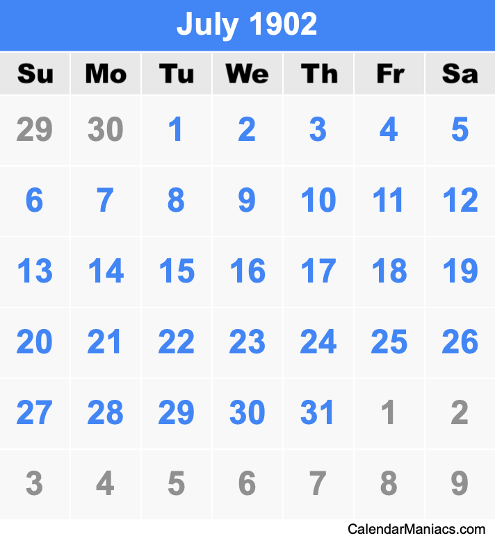July 1902 Printable Calendar July 1902 Calendar
