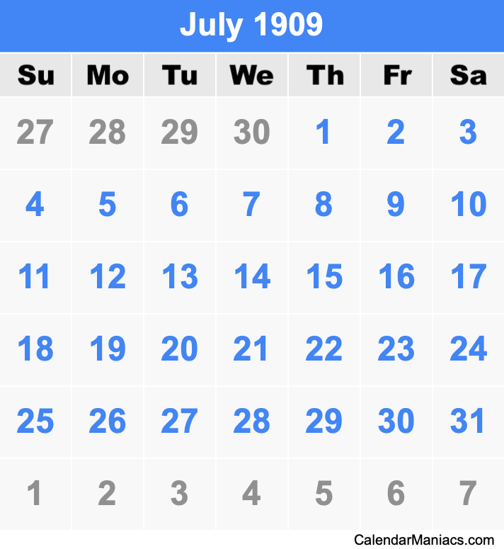 July 1909 Printable Calendar July 1909 Calendar