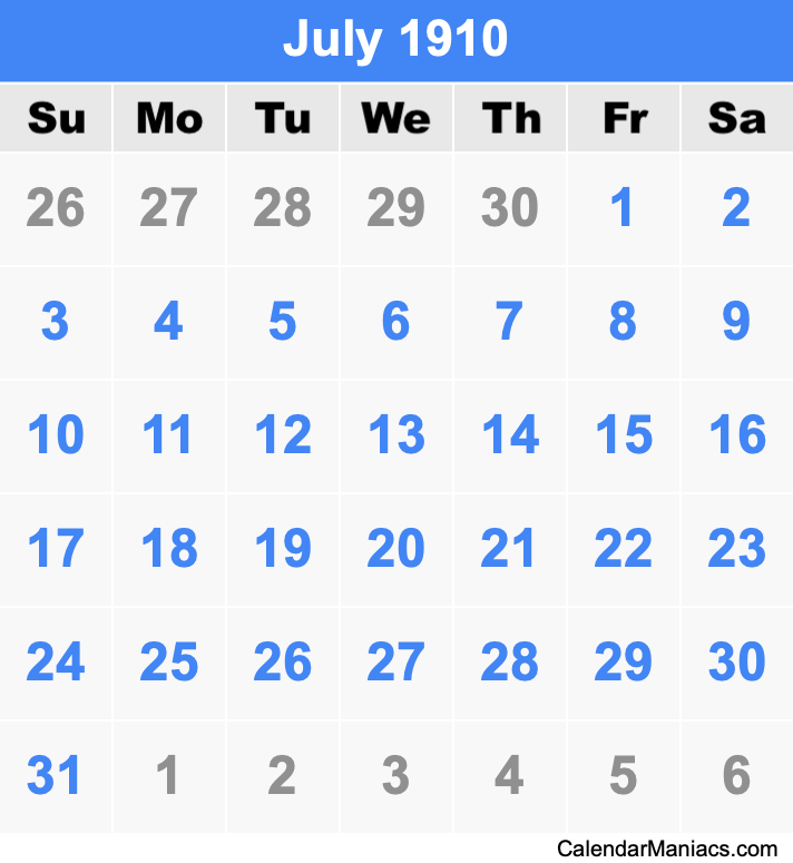 July 1910 Printable Calendar July 1910 Calendar