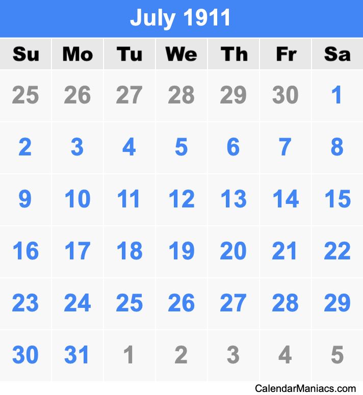July 1911 Calendar