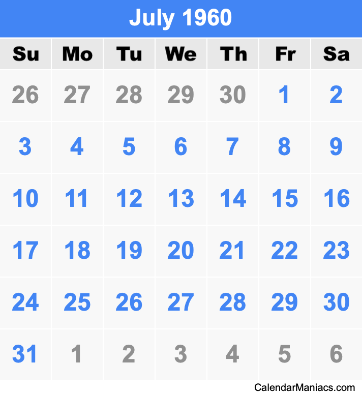 July 1960 Calendar July 1960 Calendar