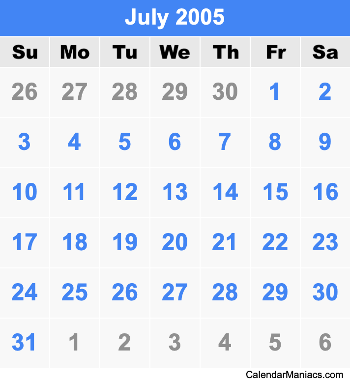 July 2005 Calendar